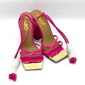 EGO Serious Lace Up Cross Strap Metallic Square Toe Block Heel in Pink Size 7